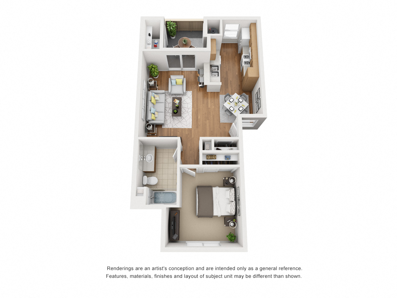 One Bed One Bath 678 3D Floor Plan at Siena Apartments, Santa Maria, CA